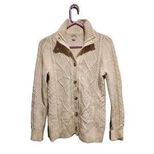 L.L. Bean 80% Extra Fine Merino Wool Fisherman Cable Knit Cardigan Cream Size S
